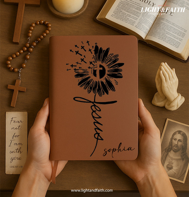 Personalized Christian Journal with Cross Flower Design, Custom Name Prayer & Faith Notebook, Religious Gift, First Communion Gifts, Birthday. NBLAF51